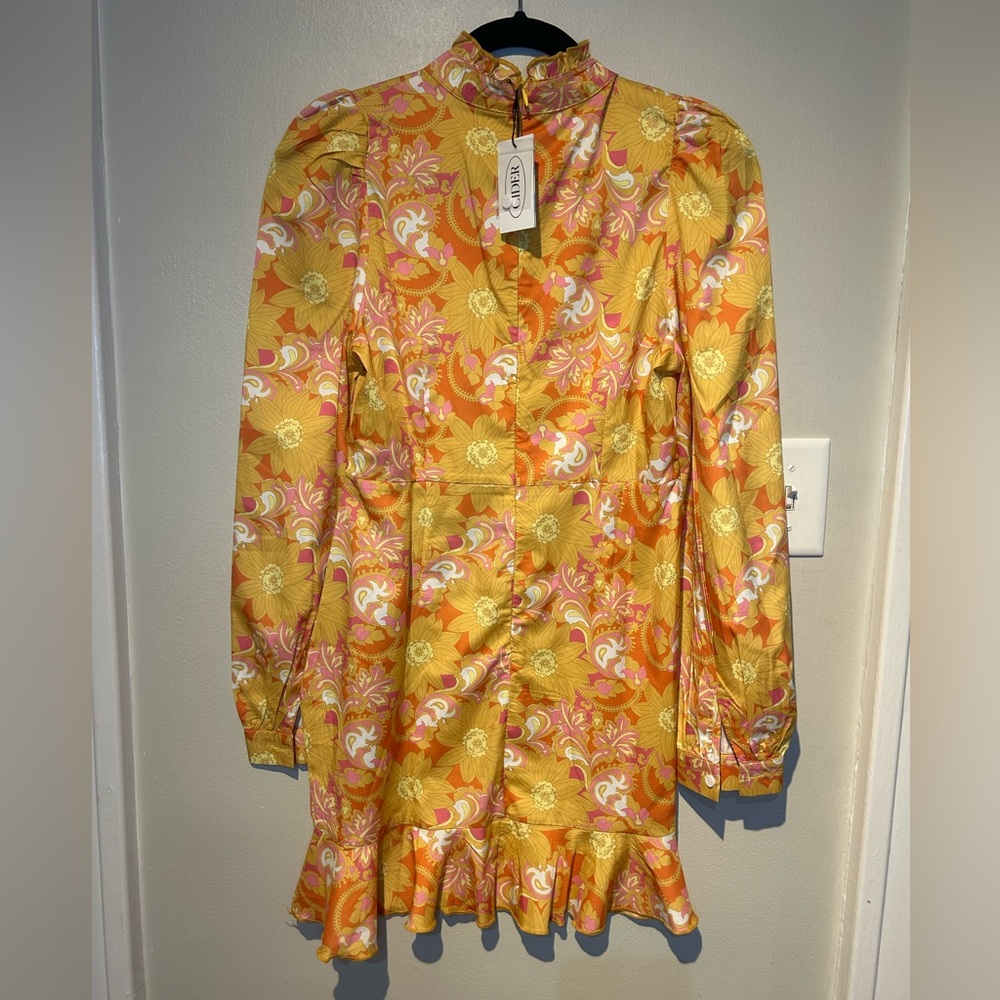 NWT CIDER orange yellow retro floral long sleeve ruffle hem mini dress - Picture 3 of 9